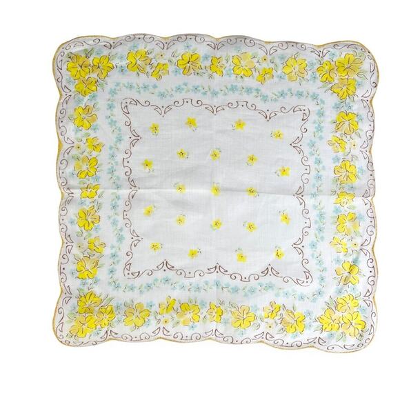 Handkerchief Vintage Floral Print Scalloped Edges Flowers Yellow Blue 12x11.5 - Picture 3 of 5